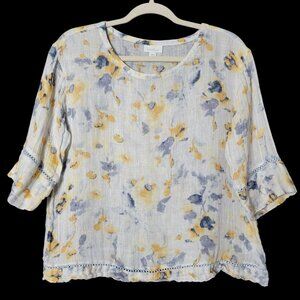 Pure Jill Womens White Linen Watercolor Floral Open Knit Gauzy Top Small Petite